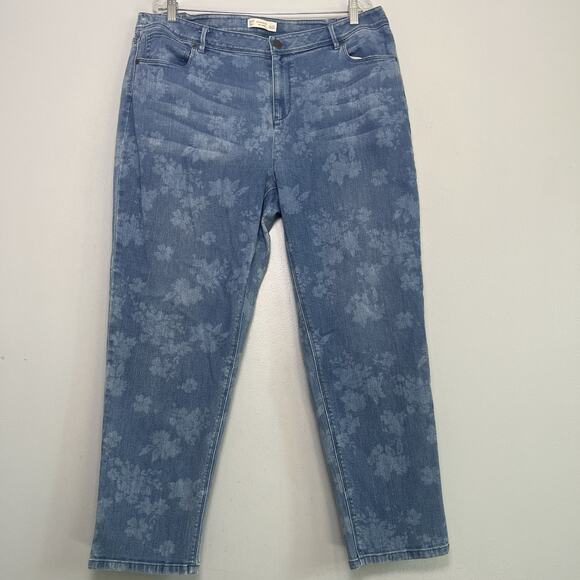 J Jill Womens Floral Denim Slim Straight Jeans Plus Sz 18 Blue Feminine Timeless - Picture 1 of 15